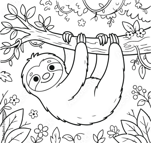 Charming sloth hanging from branch line art for kids' coloring pages and nursery decor