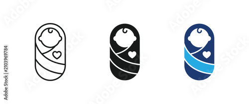 Infant care icon, newborn swaddle blanket symbol, pediatric health heart sign, maternity baby protection graphic. Vector illustration