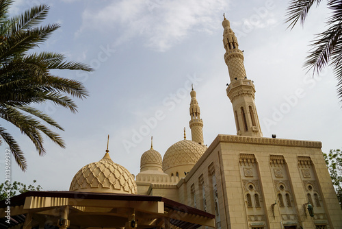 Obraz na plátně Jumeirah Mosque behind palm trees in Dubai