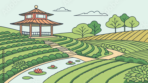 Green tea plantation landscape with traditional pavilion and water pond