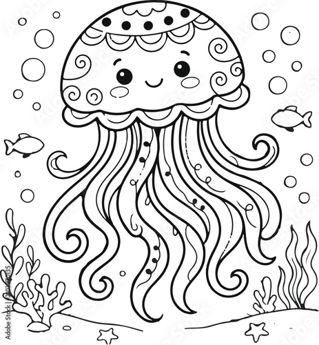 Cute cartoon jellyfish illustration with bubbles and fish black and white line art