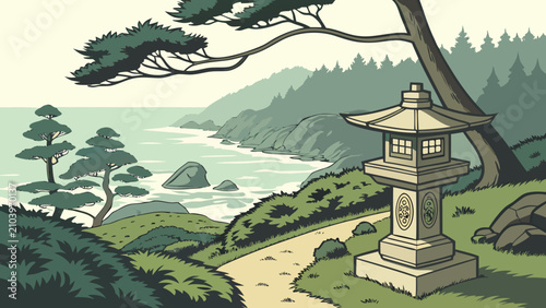 Coastal japanese garden view with stone lantern and pine tree, japanese
