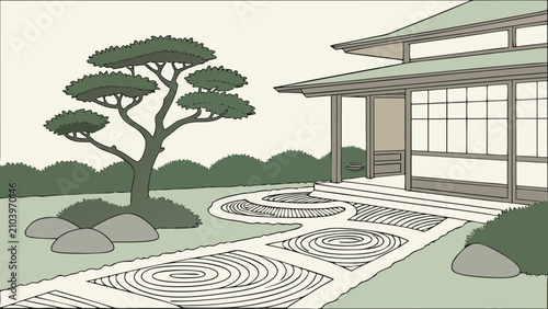 Zen garden with raked sand patterns and traditional house architecture, japanese