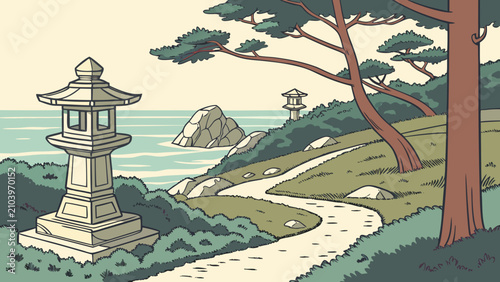 Traditional japanese stone lantern by a peaceful coastal path illustration