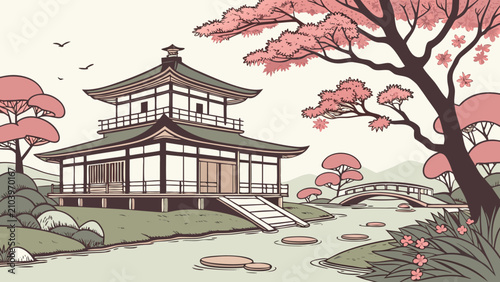 Zen temple and blossoming cherry trees by a tranquil pond illustration