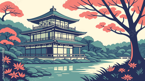 Pagoda architecture and forest landscape illustration with multi tier, landscape