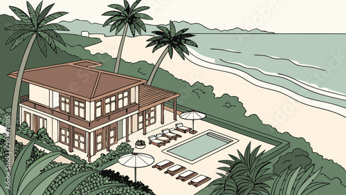 Luxury beachfront villa with swimming pool and ocean view illustration, vacation