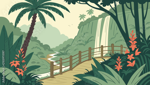 Jungle waterfall and wooden bridge nature illustration with tropical garden