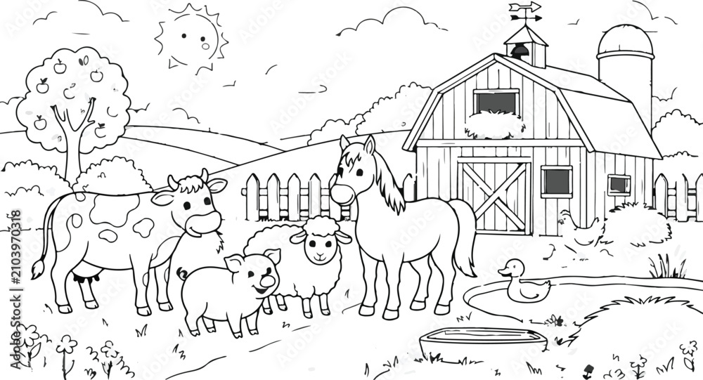 Obraz premium Farm animals and barnyard scene black and white coloring page for kids and educational use