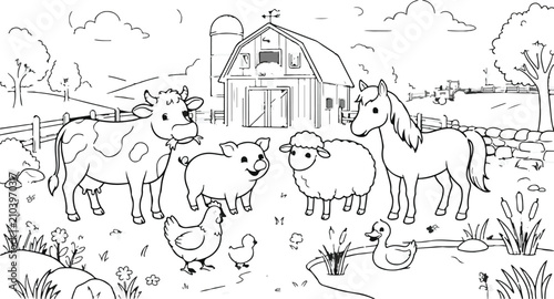 Konstfotografi Farm animals coloring page cow pig sheep horse duck and chicken illustration