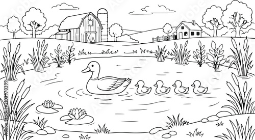 Fotografía Charming farm scene with mother duck and ducklings in a pond black and white ill