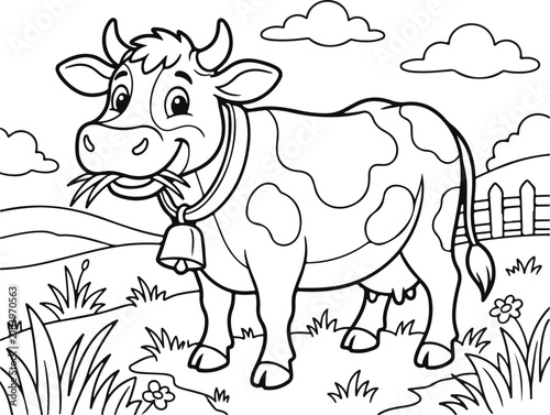 Cuadro en lienzo Charming cartoon cow illustration with bell perfect for children's coloring book