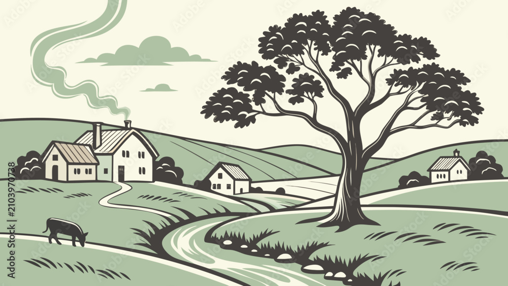 Obraz premium Rural farmhouse landscape illustration with cow and large tree, rural life
