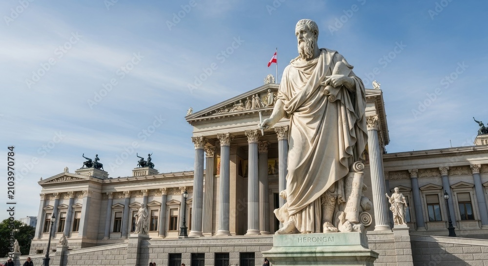 Obraz premium Ancient Greek Statue in Front of Neoclassical Building.