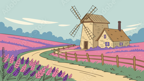 Obraz na płótnie Windmill in a colorful countryside landscape with windmill house, country life