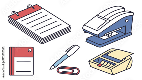 Billede på lærred Isometric illustration of office supplies and equipment with staple machine