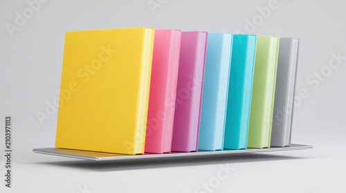 Colorful Hardcover Books Standing on Minimalist Metal Shelf