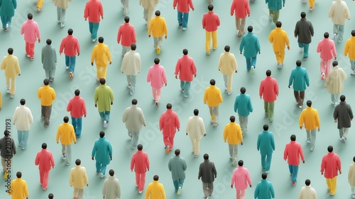Crowd of diverse people walking in colorful clothing top view