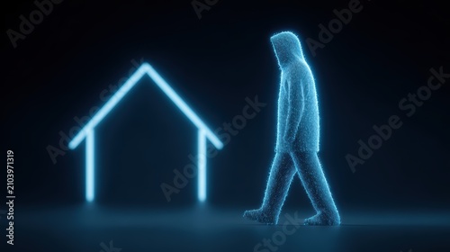 Cybersecurity Hacker Walking Toward Glowing Digital House Icon