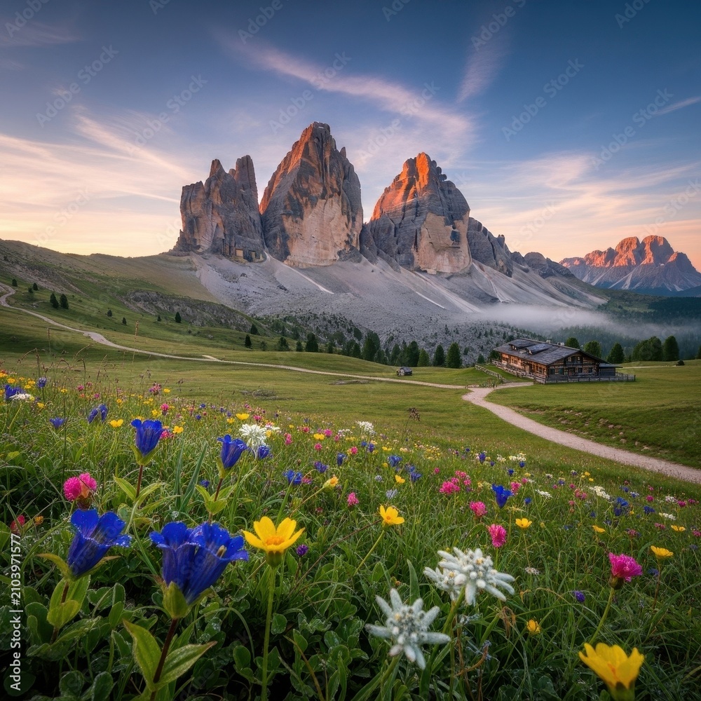 Fototapeta premium Alpine Meadow with Wildflowers and Majestic Mountain Peaks at Dawn.