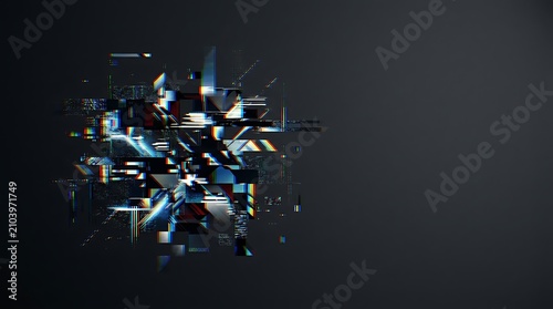 Abstract digital glitch effect with fragmented shapes on dark background
