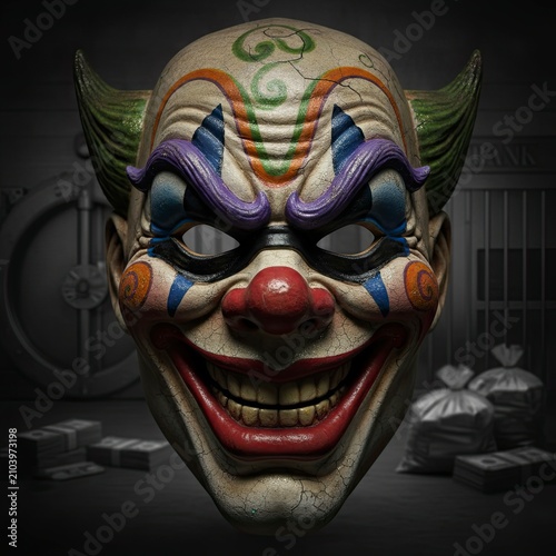 A man wearing clown mask, points a gun during a bank robbery, threatening to shoot anyone who disobey. A heist in progress, with robber disguising his face, aiming a handgun.