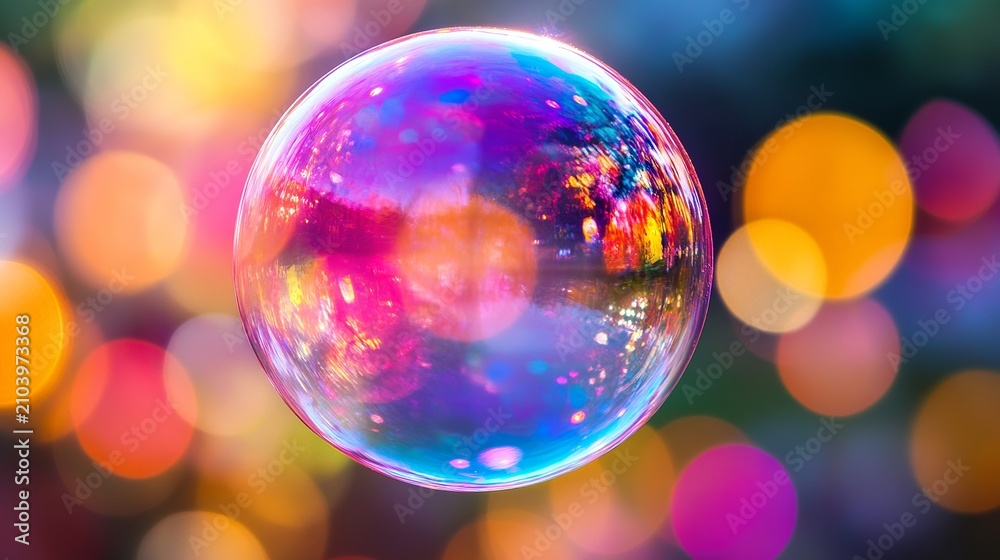 Obraz premium A vibrant, iridescent soap bubble reflects a colorful bokeh background, symbolizing fragility, beauty, and fleeting moments of joy