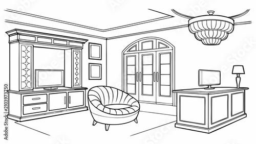 Slika na platnu Modern living room with entertainment center and curved sofa, living space