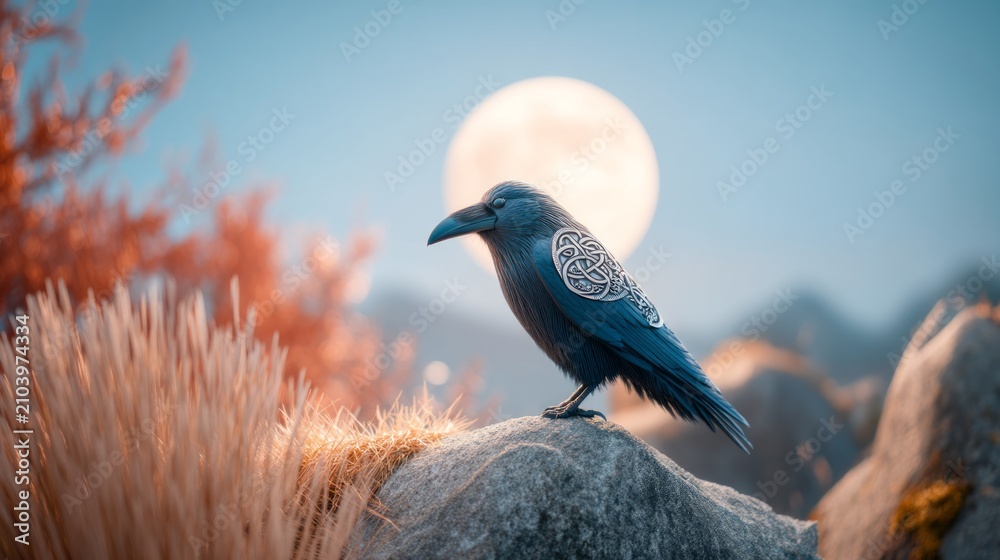 Obraz premium Ornate Raven Under Moonlight with Norse Symbolism in a Zodiac Theme