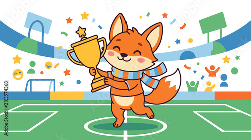 Cute cartoon fox character celebrating victory holding a golden trophy on a soccer field.
