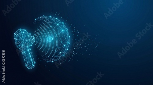 Futuristic sound wave explosion with glowing particles. High-tech audio visualization in neon blue digital space.