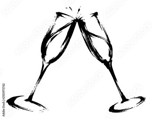 Photos Champagne glasses clinking for toast in hand drawn ink brush style