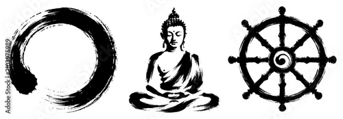 Photos Buddha silhouette with zen enso circle and dharma wheel in spiritual ink style