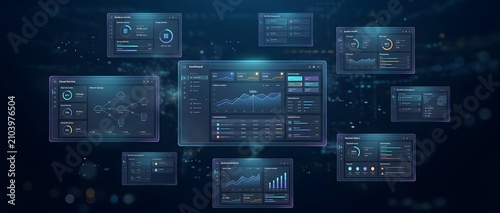 Abstract virtual user interface with glowing data visualizations charts and network monitoring panels