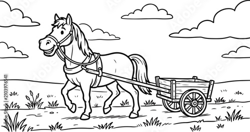 Horse and cart coloring page book illustration for kids and adults