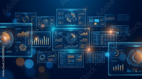 Futuristic HUD interface with interactive data visualization circular charts and glowing analytical dashboards.