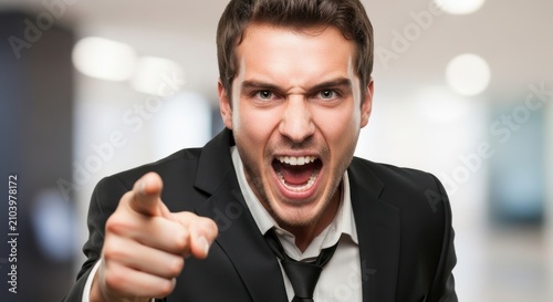 Angry business man pointing finger in office.