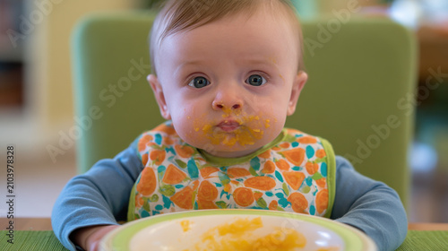 A baby is sitting at a green table with a bowl in front. The baby has food on their face and is looking at the camera. The setting appears to be indoors