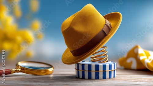 Yellow straw hat with brown band on spring coil over blue striped box