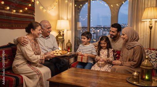 Happy Lebanese Multigenerational Family Sharing Gifts and Sweets During Eid Celebration