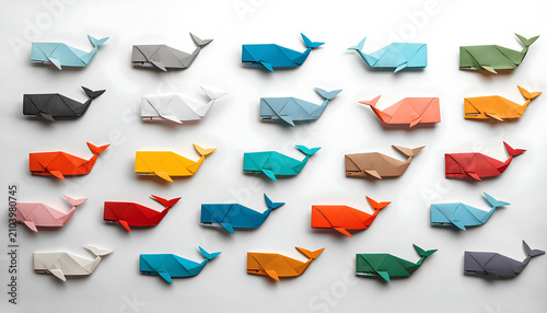 Colorful origami paper whales isolated on white background