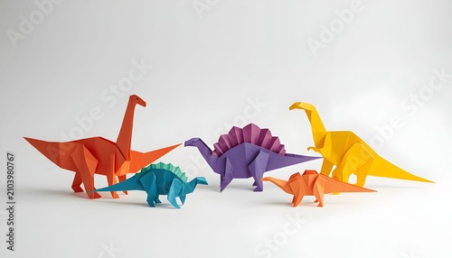 Colorful origami paper dinosaurs isolated on white background