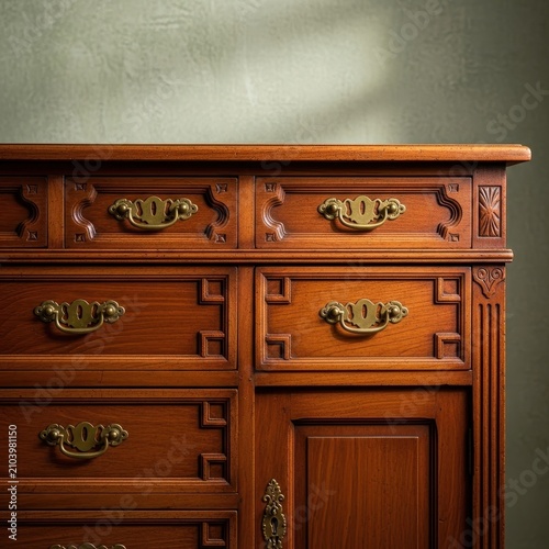 Antique Wooden Sideboard with Ornate Brass Handles.