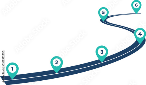 Roadmap Timeline Infographic Template with Curved Road, Location Pins, Six Step Journey, Business Process and Project Planning Vector