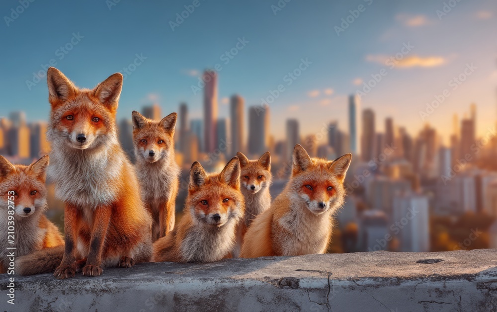 Fototapeta premium Red fox group standing on urban rooftop with city skyline background