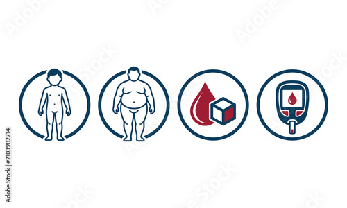 Foto Diabetes, obesity, and health risk medical icons featuring slim figure, overweight body, blood sugar drop, and glucose monitor testing device