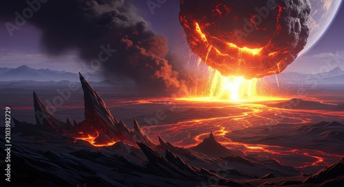 Apocalyptic landscape with erupting volcano and fiery sky.