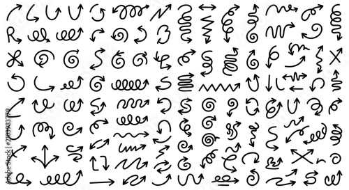 Hand drawn arrow icons set, black ink doodle pointers on white background, large collection of curly and wavy sketchy arrows for graphic design