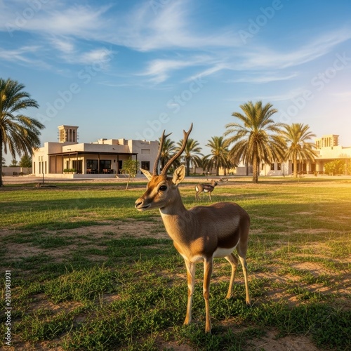Arabian Oryx in Lush Green Park with Traditional Architecture.
