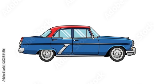 Blue vintage pickup truck with red interior on white background.
